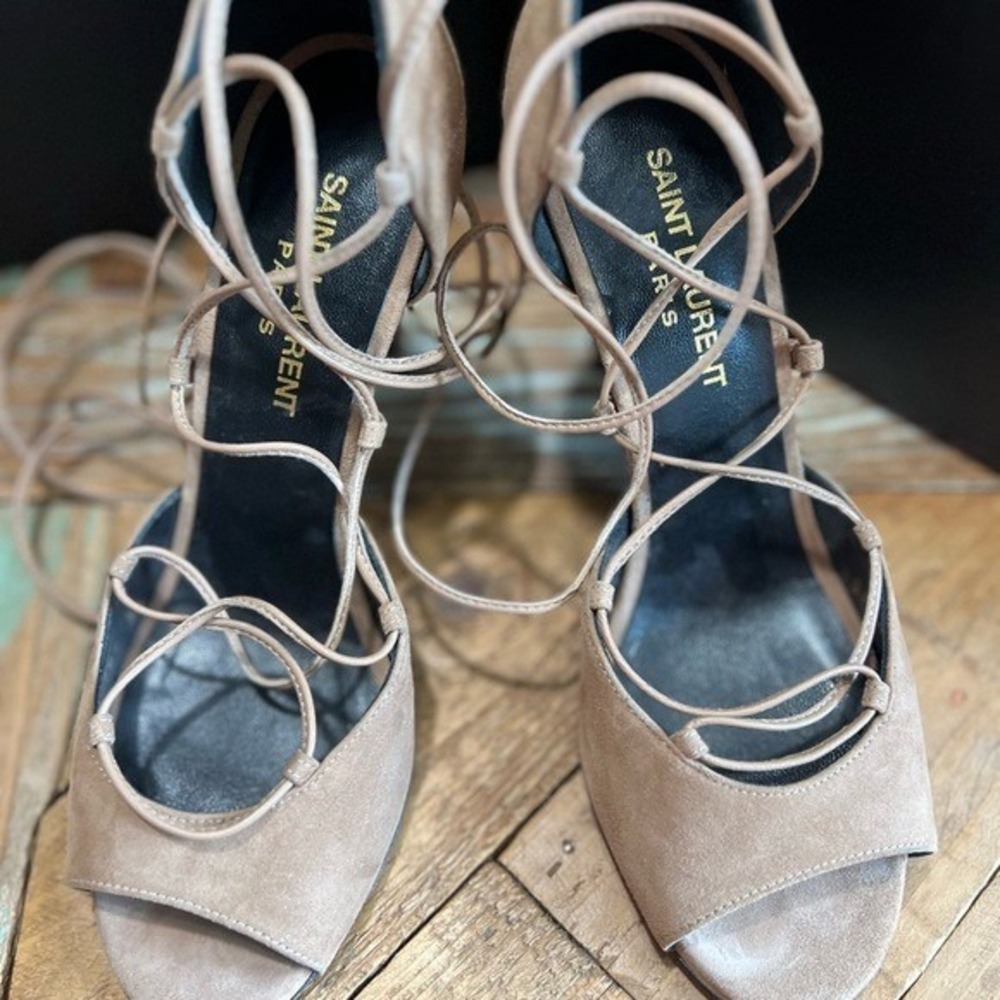 Saint Laurent Suede Lace Up 4" Heels Open Toe Tan Sandals Size 36/ US 6 - Picture 10 of 11